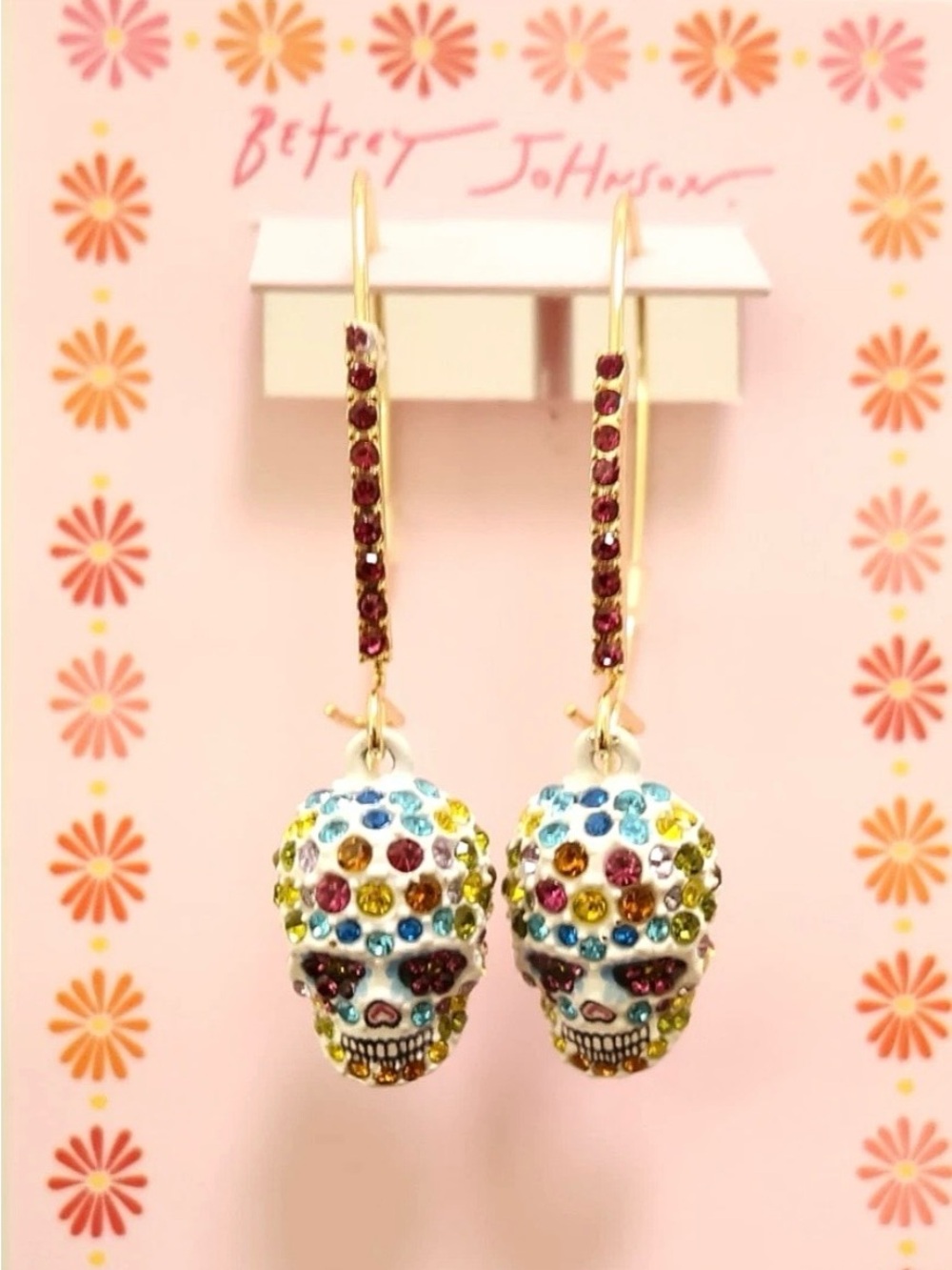 Betsey Johnson earrings Sugar Skulls multicolored crystals goldtone hooks NWT
